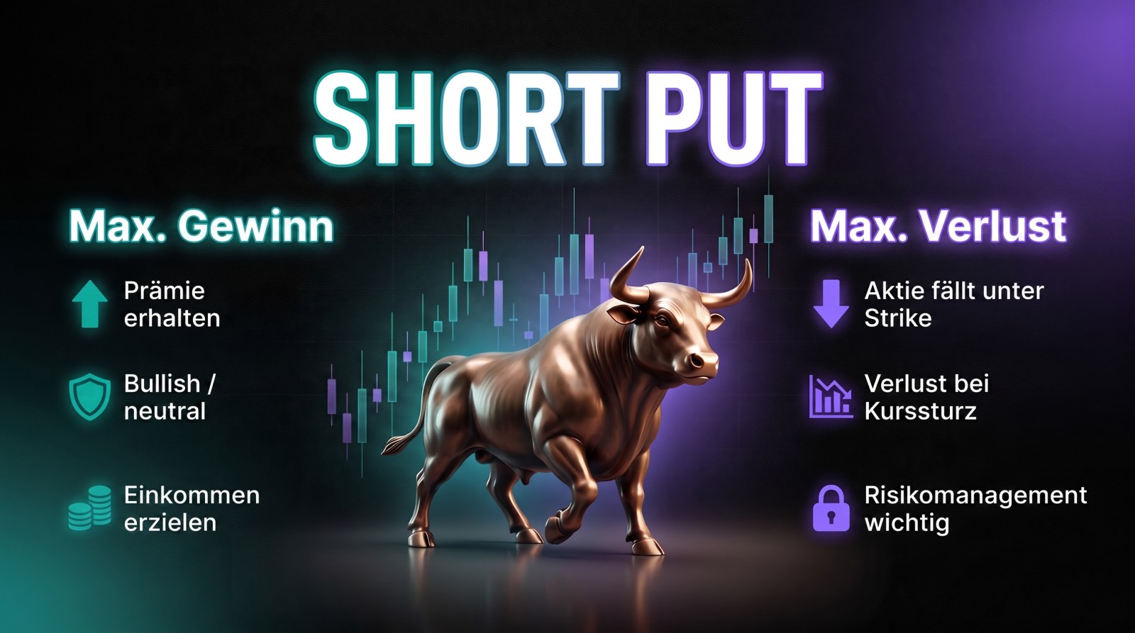 Short Put erklärt: Bulle vor Kurschart mit Max. Gewinn und Max. Verlust