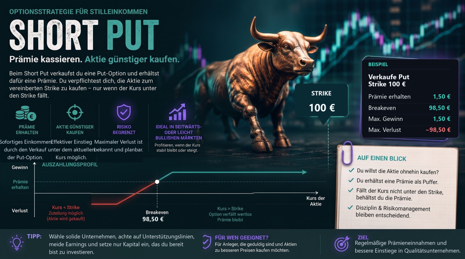 Short Put Infografik: Mechanik, Auszahlungsprofil, Beispiel und Risiken